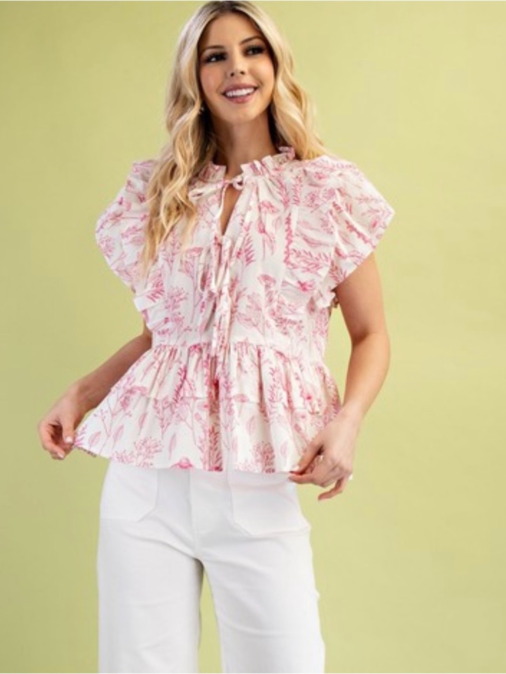 Pink Floral Ruffle Tie-Neck Blouse - Picture 2 of 2